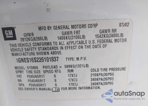 2002 Chevrolet Trailblazer Ext Lt from USA, damaged, VIN 1GNES16S226101837